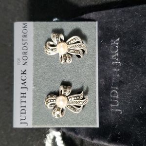 Vintage Judith Jack Bow Marcasite Faux Pearl Earrings